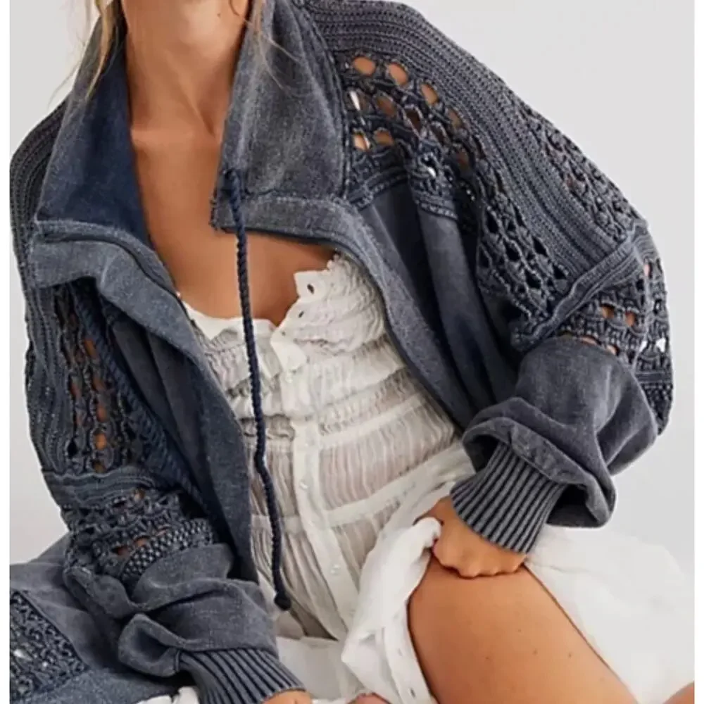 Free People Charcoal Gray Openwork Knit Zip-Front Jacket - Picture 2 of 6